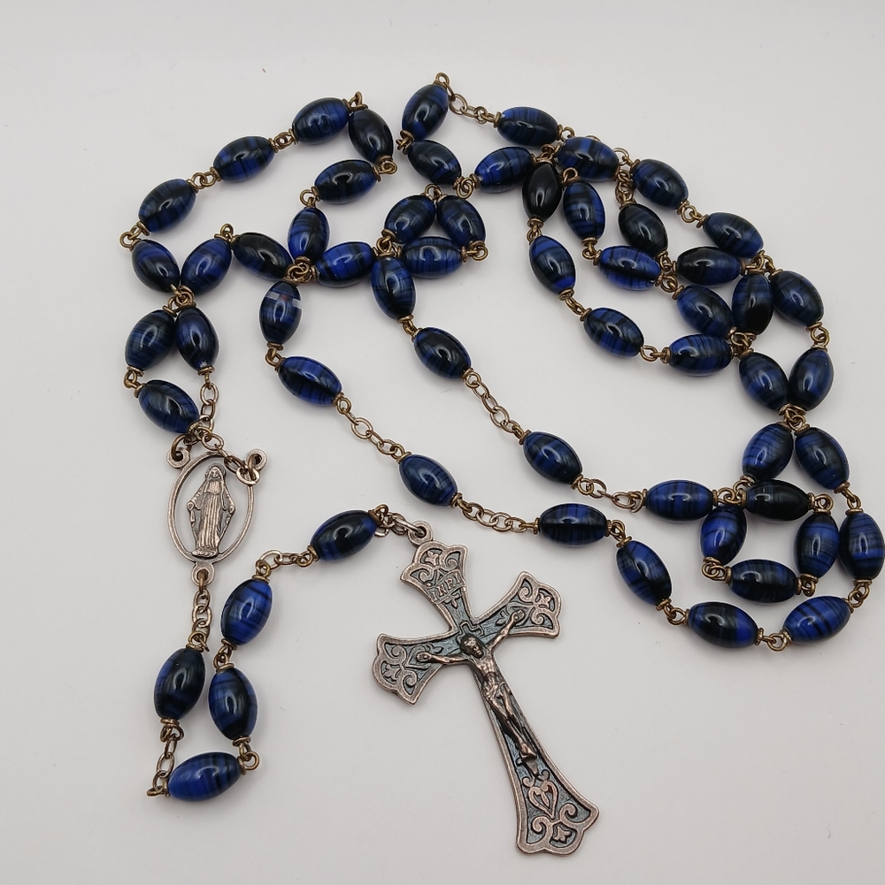 Vtg Chapel Italy Catholic Blue Beaded Rosary Necklace